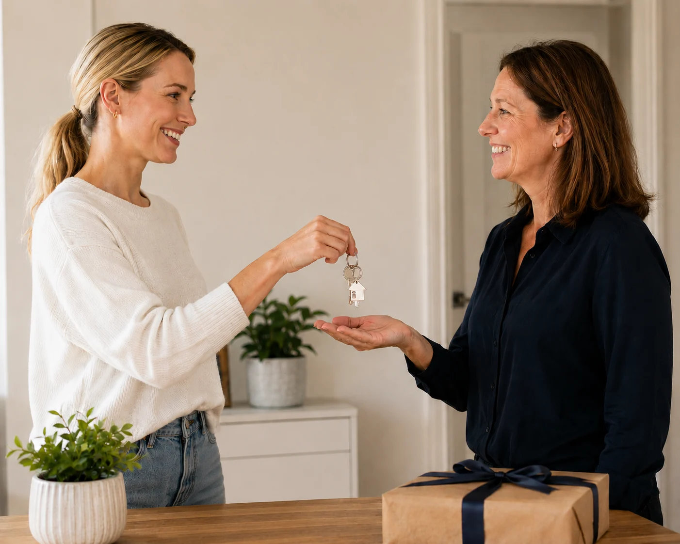 Happy tenant handing over keys after clean